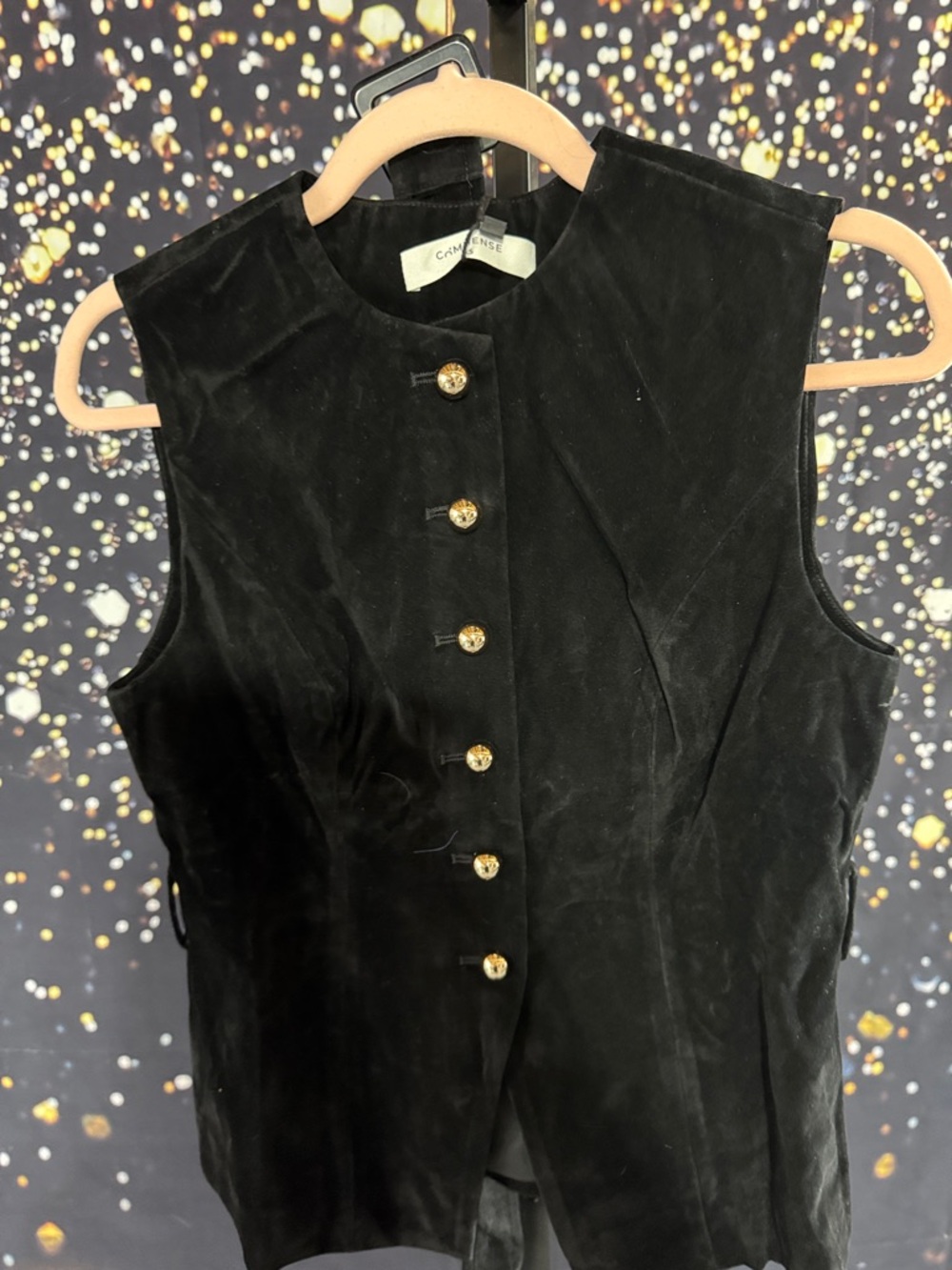 Commense Black Velvet Button-Front Vest with Gold Buttons and Belt XS NWT